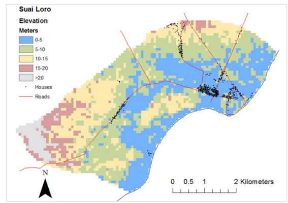Wohnhäuser und Höhenlage von Suai Loro in der Region Covalima (Karte von Abilio da Fonseca) Wohnhäuser und Höhenlage von Suai Loro in der Region Covalima (Karte von Abilio da Fonseca)