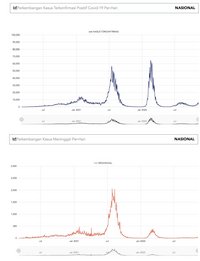 Delta- und Omikronwelle: Oben: COVID-19 positiv Getestete/Tag, unten: COVID-19-Gestorbene/Tag, Quelle: covid19.indonesia.co.id