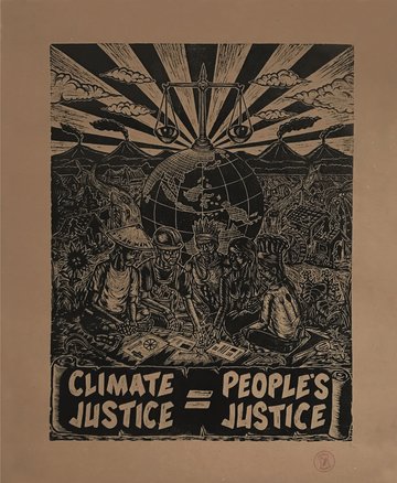 Klimagerechtigkeit bedeutet Gerechtigkeit für alle, Holzschnitt von Taring Padi 